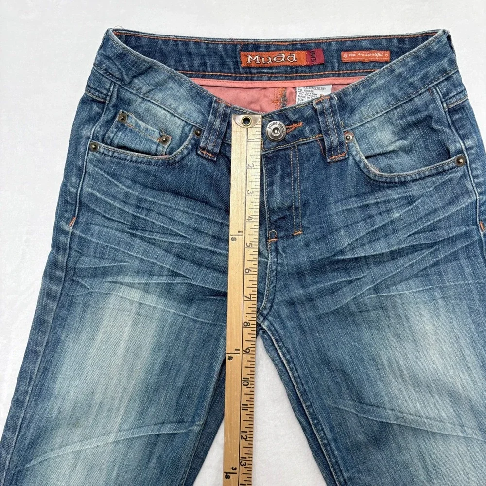 Mudd Jeans Y2K Size 3 Low Rise Flare Medium Wash Distressed Denim Blue Vintage - Picture 5 of 11